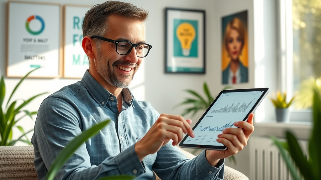 Private practice growth analytics: therapist analyzing digital marketing statistics in modern therapy office