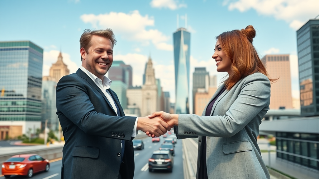 Dynamic modern New Jersey business district skyline, optimistic business owners shaking hands, vibrant city, lead generation strategies new jersey