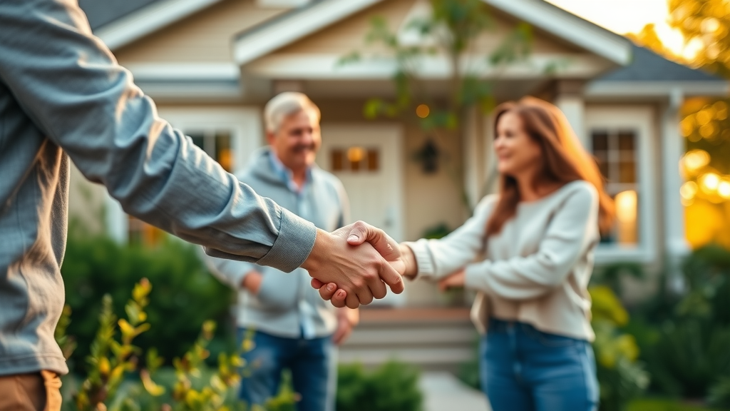 Home service provider shaking hands with happy homeowners after a successful NJ home improvement lead generation result