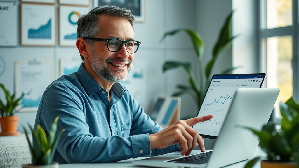 mental health professional reviewing digital marketing analytics and upward trending graphs, content marketing for mental health professionals performance, digital marketing growth in behavioral health