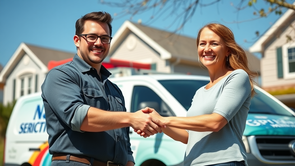 Confident home service professional and NJ homeowner smiling in front of branded service vehicle - reputation management home services NJ