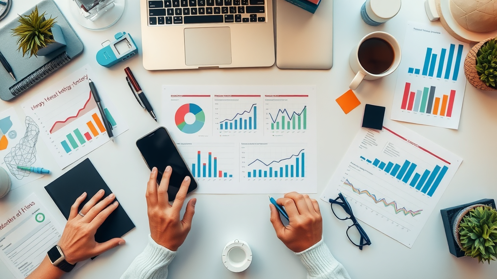 Modern flat lay of digital marketing strategy tools, digital marketing, content marketing, online presence