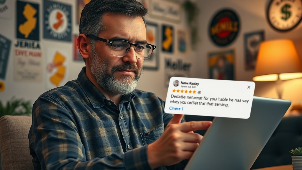 Home service manager in NJ responding to a negative online review constructively, digital device in hand
