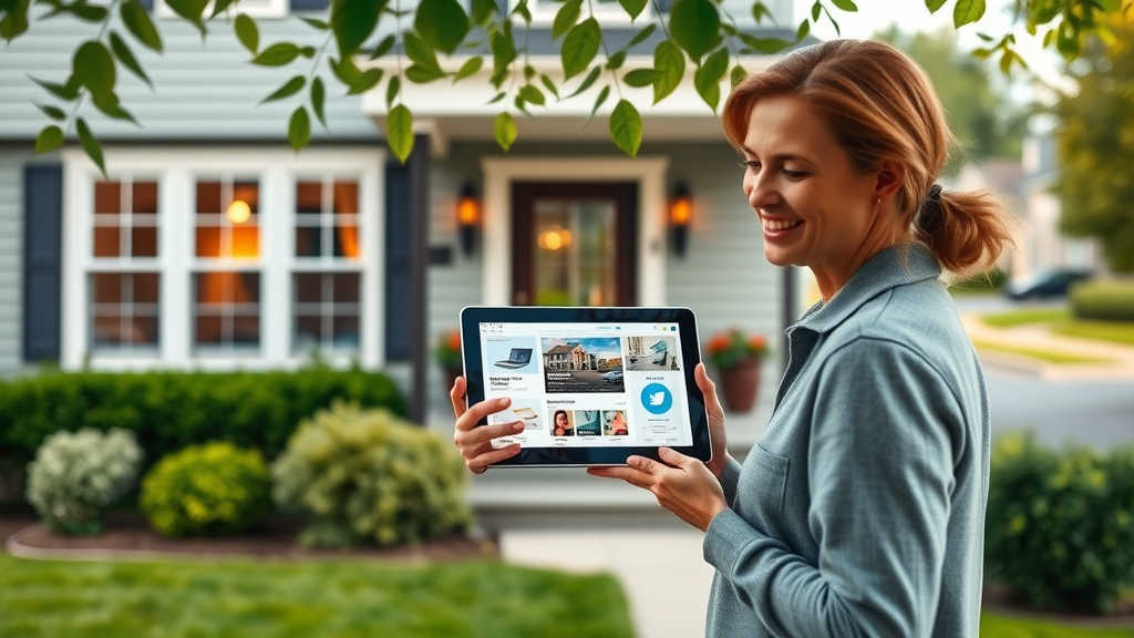 digital marketing for home services nj, modern suburban New Jersey home exterior, inviting with tablet showing marketing concepts, homeowner smiling