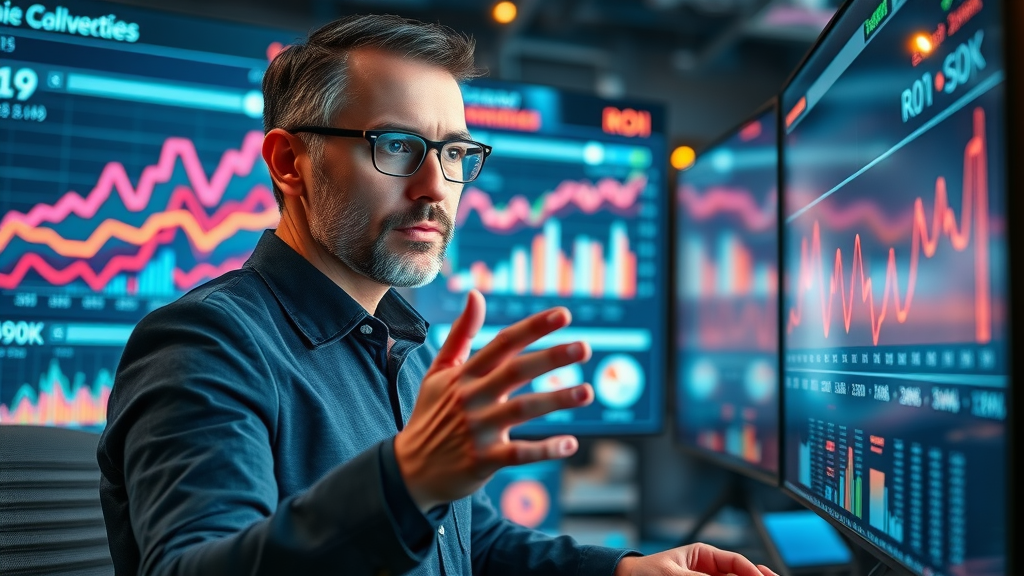 Confident business analyst reviewing digital ad ROI, paid ad, marketing agency, marketing solutions