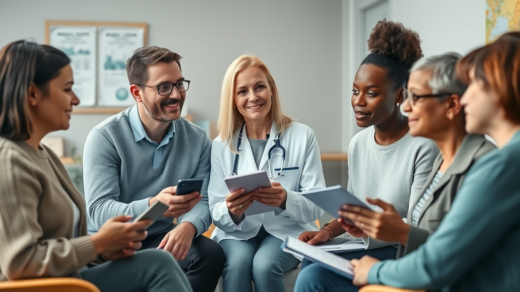 mental health professional consulting with clients in a clinic, digital marketing for health practices, content marketing for mental health professionals, digital resources discussion, modern clinic environment