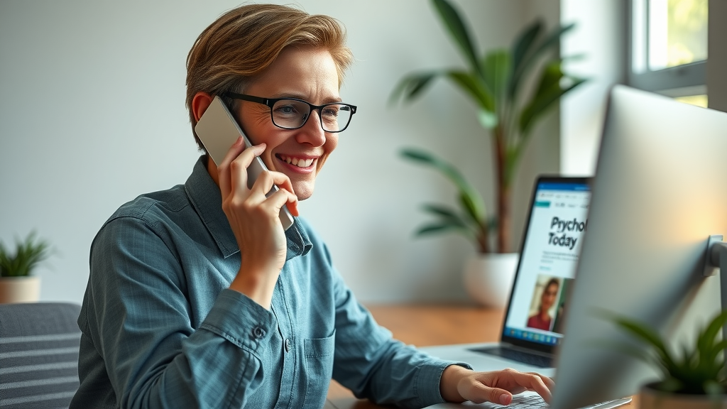 focused therapist reviewing client inquiries, Psychology Today marketing for therapists