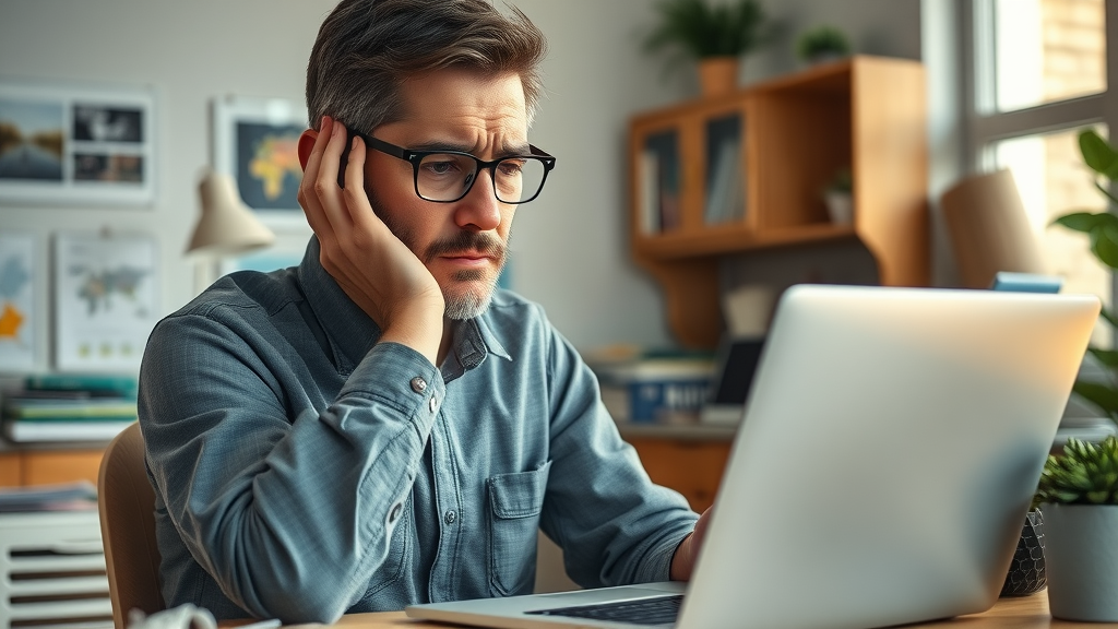 Stressed NJ home service business owner viewing dwindling email leads on laptop, representing challenges in effective lead capture nj home services.