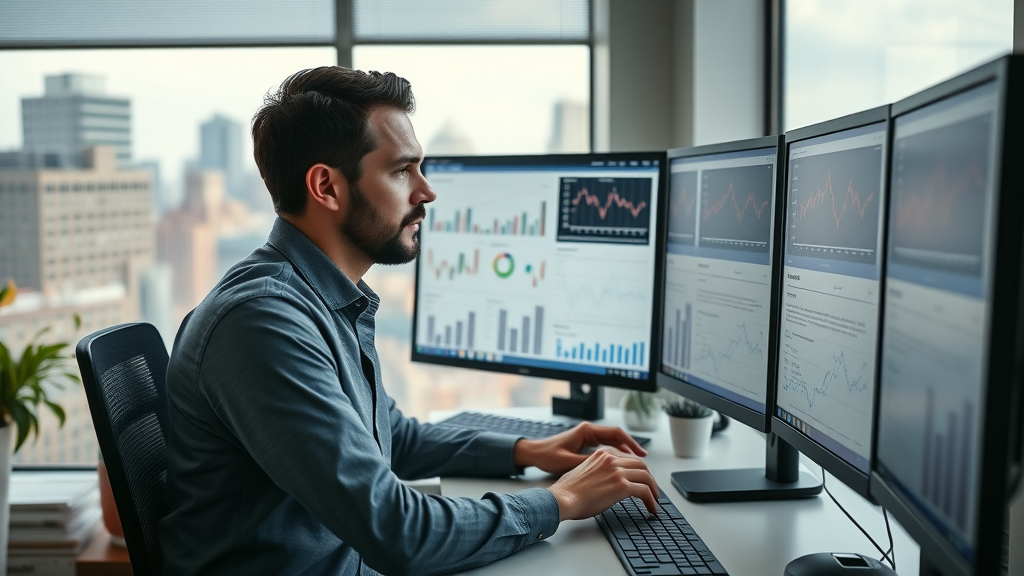 digital marketing agency professional analyzing search engine analytics for home services NJ, office setting, NJ cityscape
