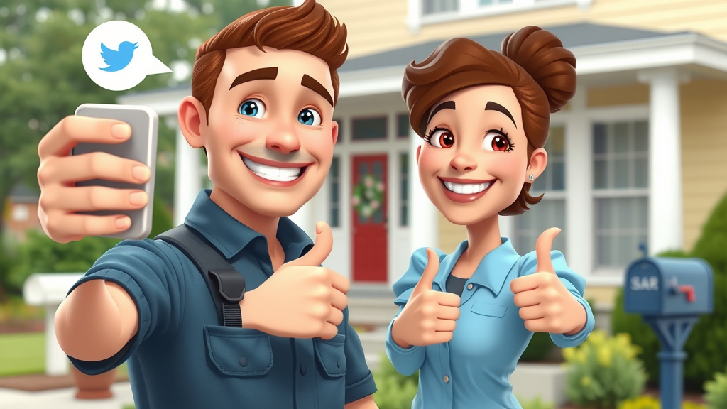 NJ home service worker selfie with happy customer, thumbs up, social media icons in cartoon NJ setting