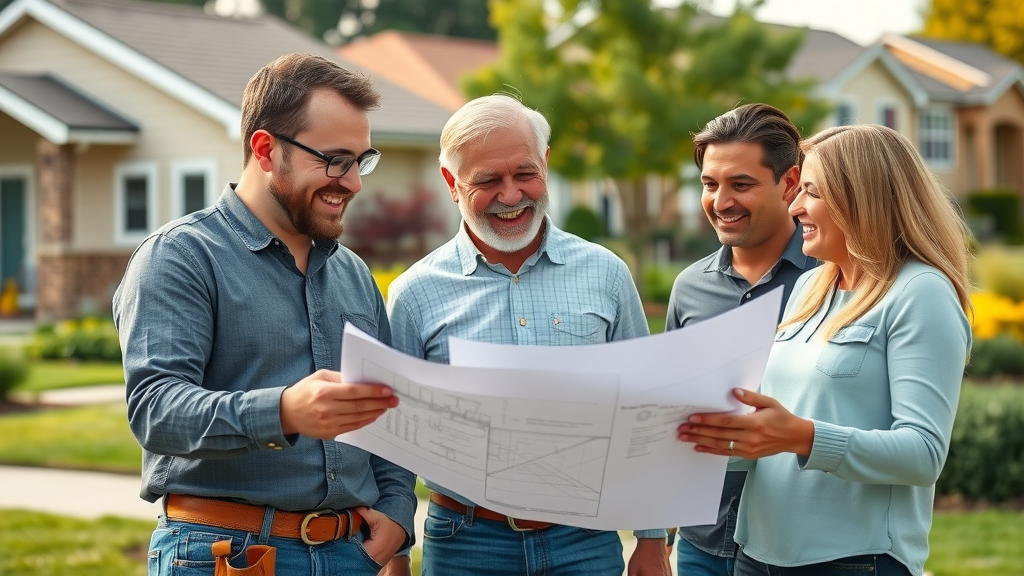 local lead generation for contractors team discussing blueprints with homeowners in residential neighborhood
