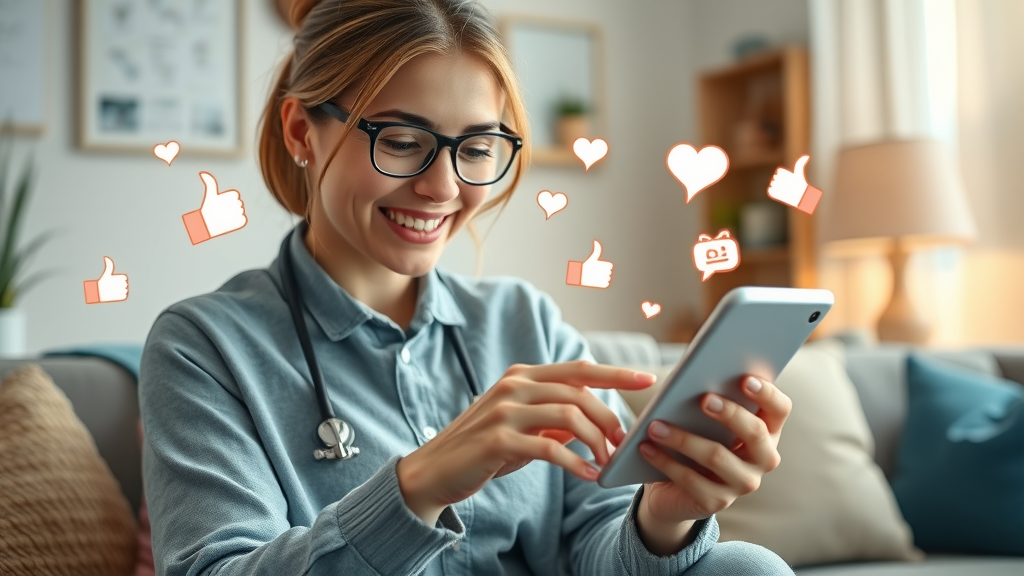cheerful health professional posting on social media, digital marketing for mental health professionals, storytelling and engagement