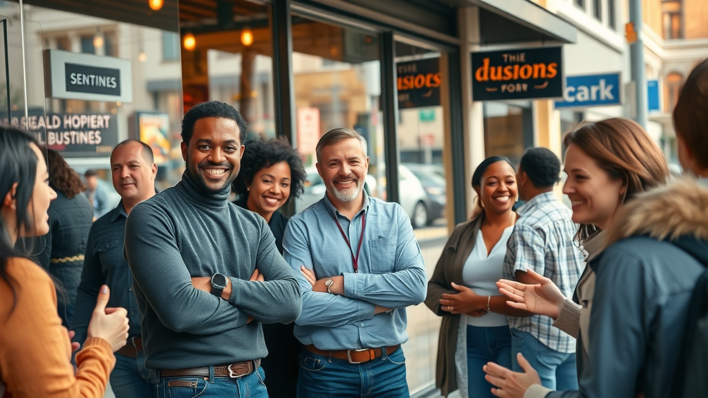 Dynamic bustling small business storefront in New Jersey, confident business owners, top digital marketing strategies for small business New Jersey in 2025