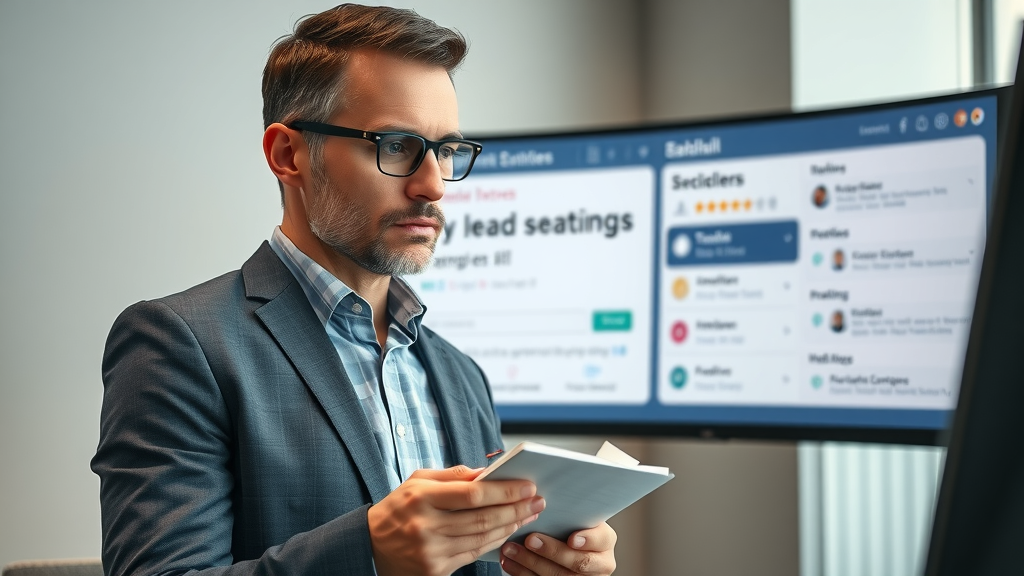 Professional business evaluator reviewing NJ lead generation company reputations and statistics on a digital dashboard