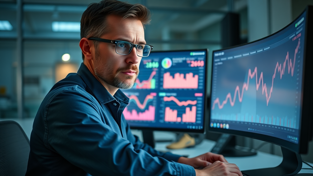 determined analyst reviewing marketing dashboard, analytics for therapists