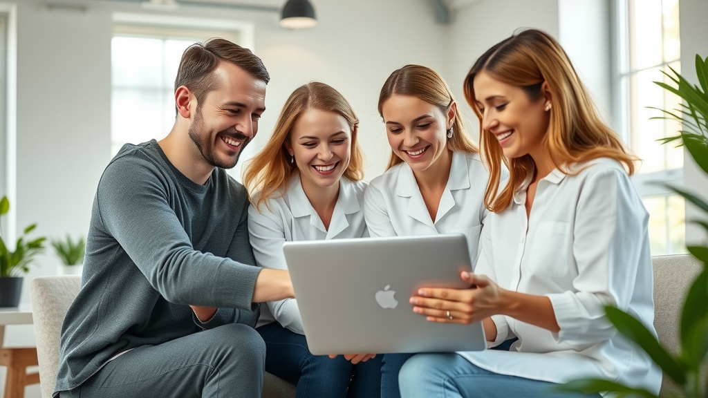 online advertising for therapists - innovative group of therapists collaborating around a laptop in a modern therapy office