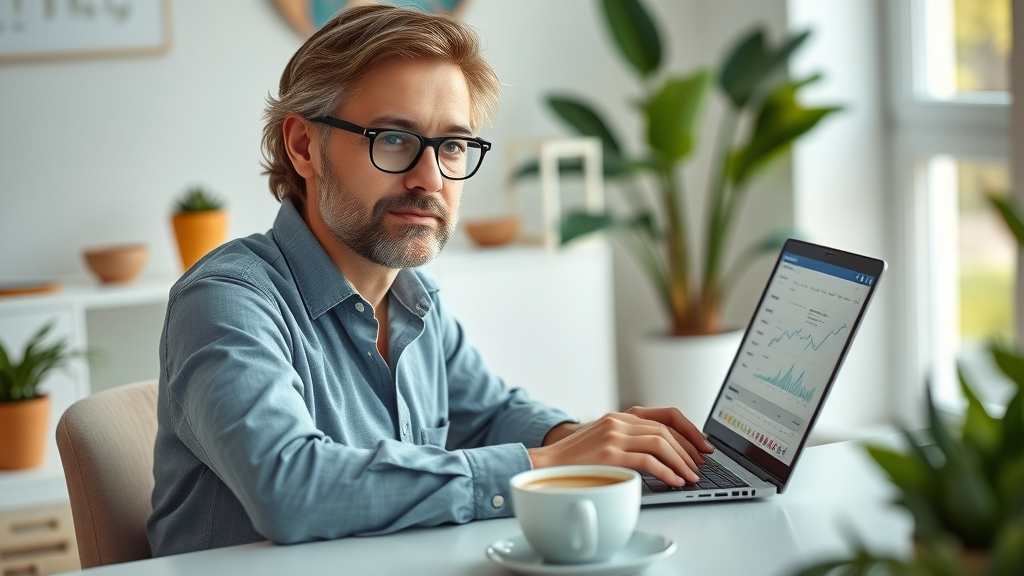 Marketing strategies for therapists 2025: therapist working at a modern desk with digital marketing analytics in a calming, professional therapy office