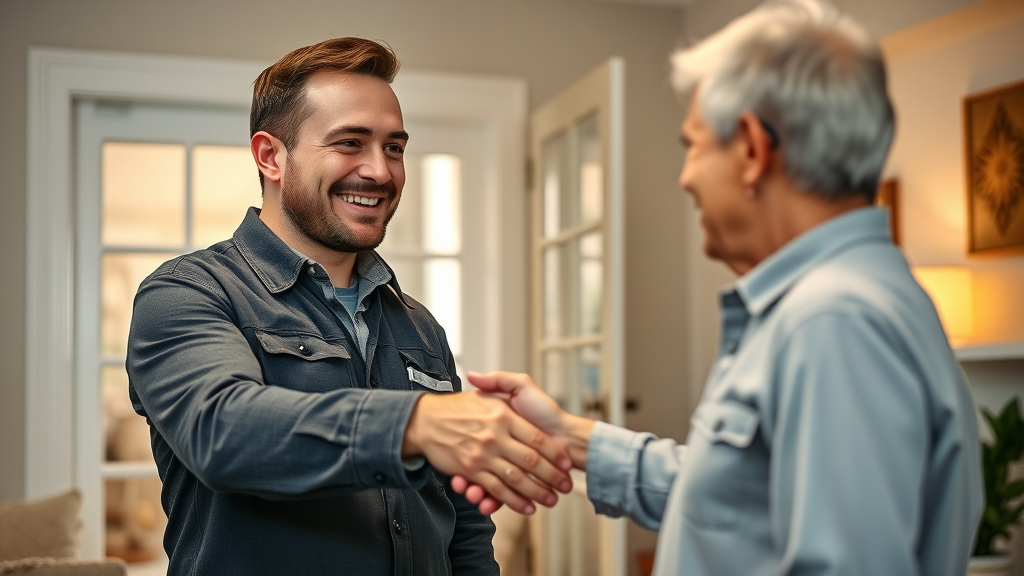 NJ HVAC contractor shaking hands with satisfied local customer, booked job success story