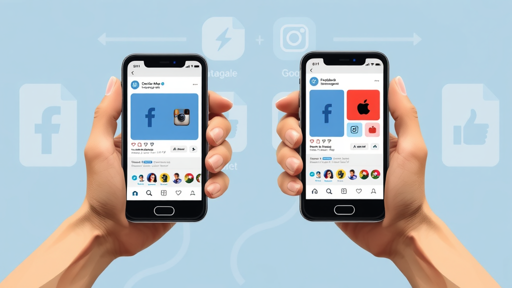 comparison of paid advertising platforms for therapists - hands holding different smartphone screens with Facebook, Instagram, Google interfaces