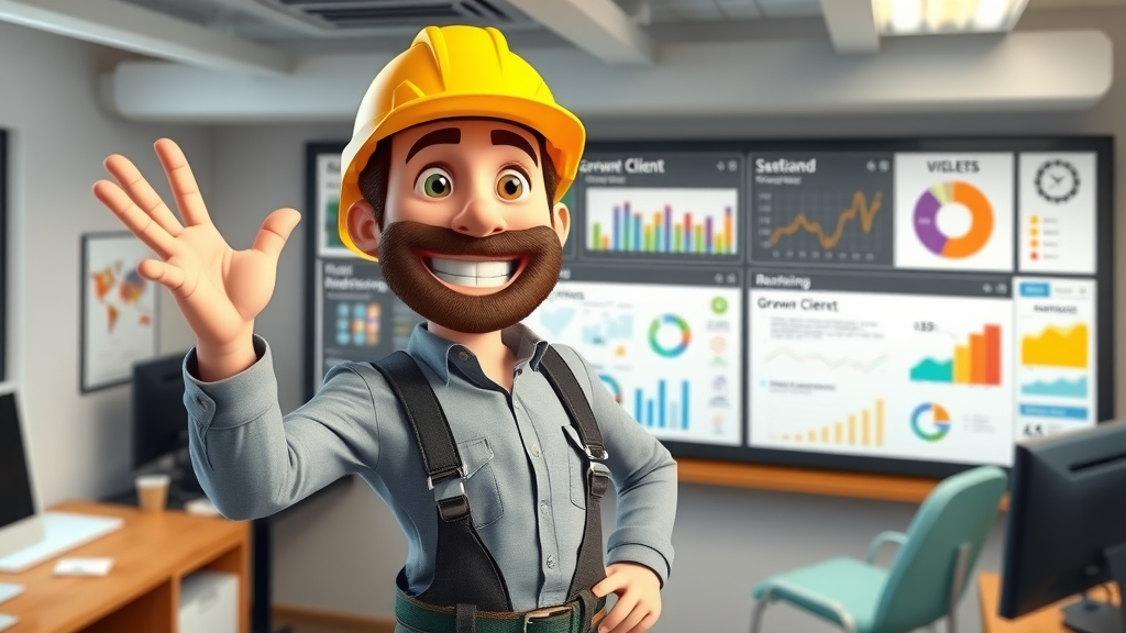 confident NJ home contractor celebrating growth, client list increases, digital dashboard, colorful charts and blueprint scrolls