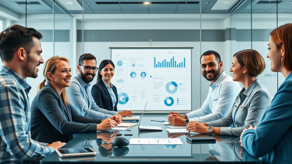 motivated executive team, strategic planning, brainstorming teletherapy innovations, bright glass meeting room with digital whiteboards and workflow charts