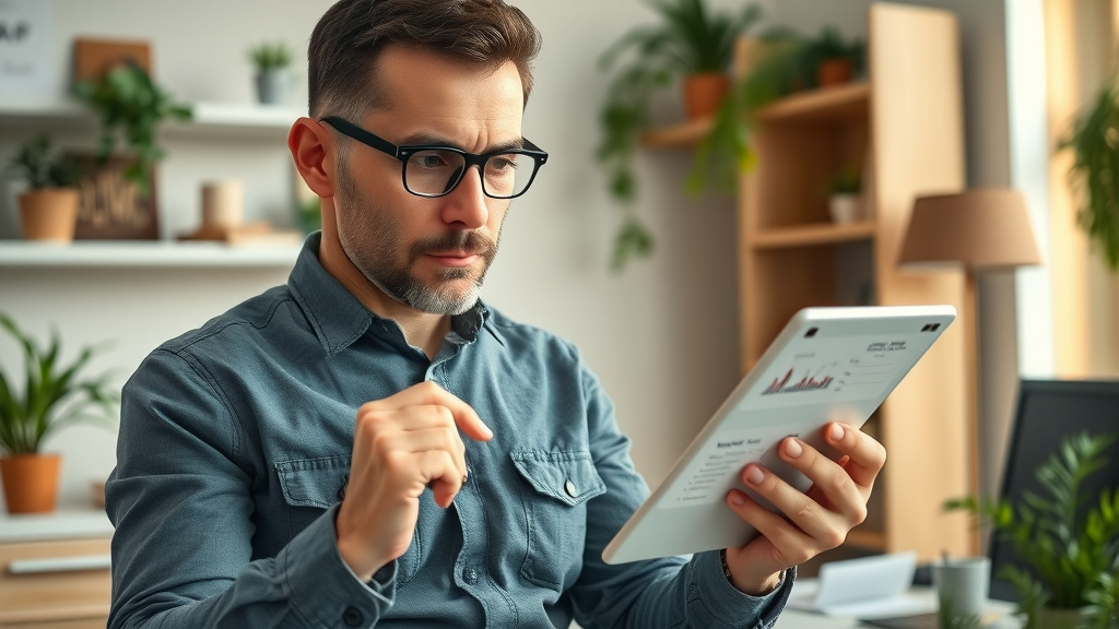 NJ contractor reviewing exclusive home improvement leads on tablet, home office, warm lighting
