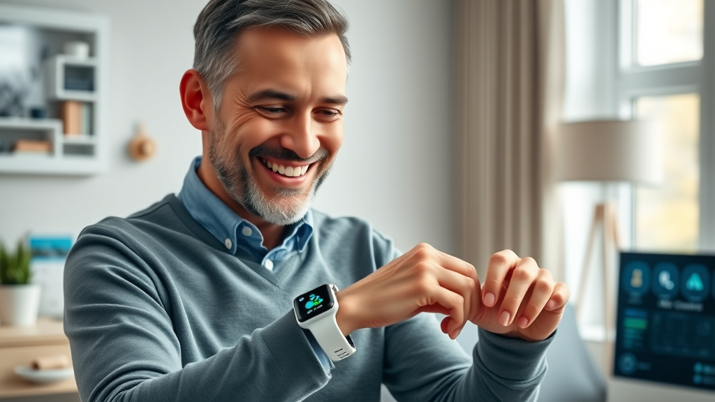 advanced wearable tech for healthcare, smiling patient, checking results on smartwatch interface, modern home interior with medical technology devices