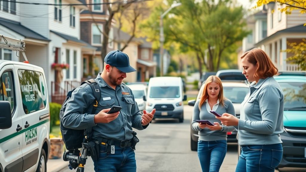 New Jersey home service professionals using digital devices, residential street with service vans, local seo, home services