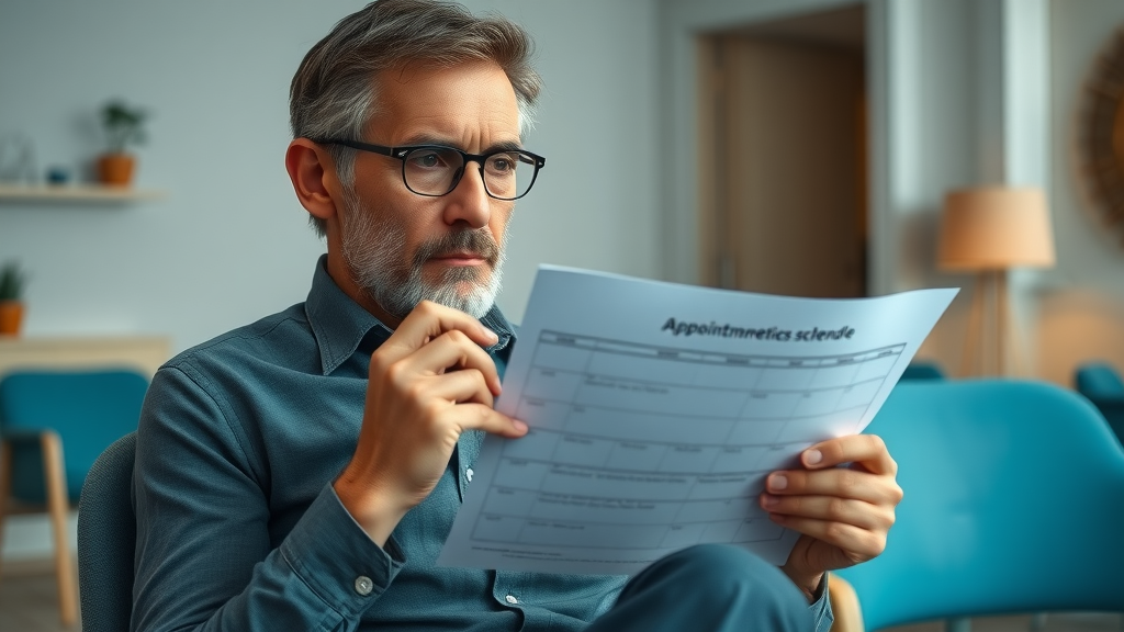Therapy marketing before transformation: concerned therapist with empty appointment schedule in quiet waiting room
