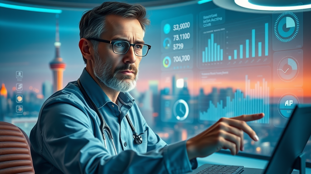 Futuristic therapist workspace interacting with digital marketing dashboard, future of marketing for therapists, mental health industry trends