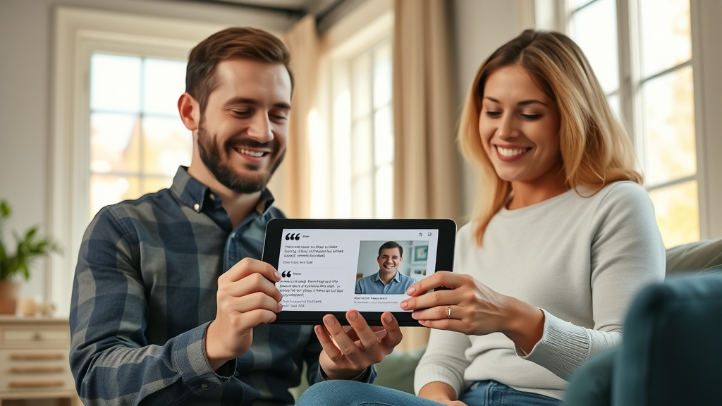 NJ contractor showing digital testimonials to a homeowner for trust-building in home service lead generation