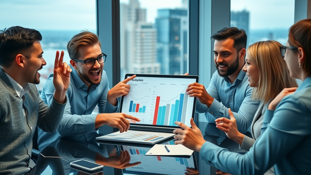 business team discussing digital marketing for NJ home services, viewing search engine growth charts, NJ office background