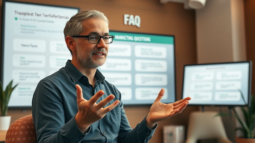 Therapist answering frequently asked marketing questions, digital FAQ board, marketing for therapists in 2025