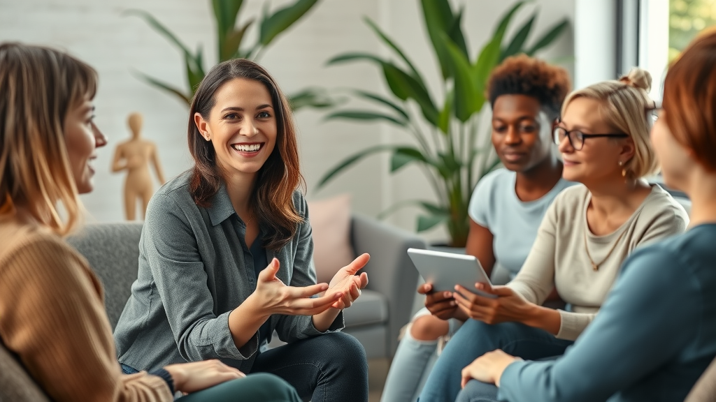 professional female therapist consulting with diverse group, ideal client marketing for therapists