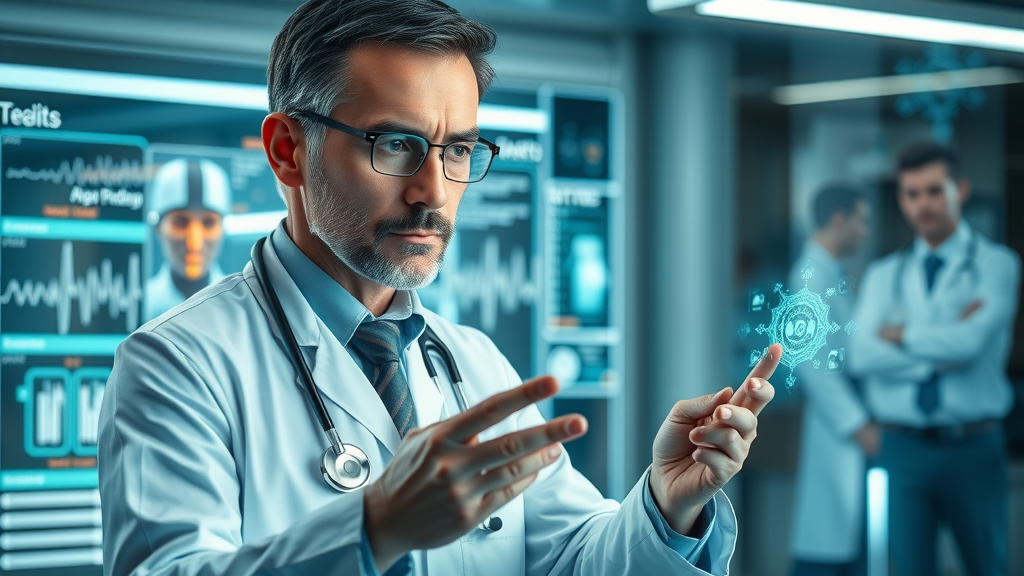 cutting-edge AI diagnostics in telehealth, determined doctor, reviewing patient data via holographic interface, high-tech medical lab
