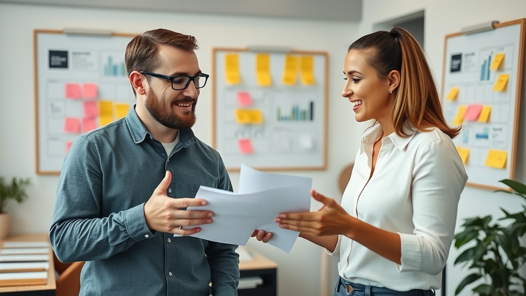 home service owner collaborating with digital marketing expert on advertising strategy, creative agency office, marketing agency, home services