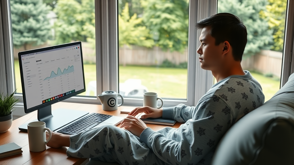digital marketing dashboard on laptop in NJ home office with coffee mug, casual pajamas, backyard view