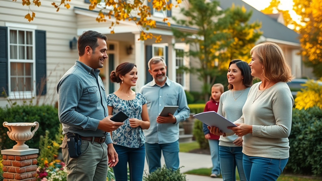 NJ home services marketing vibrant New Jersey suburban neighborhood, families with home service professional, lush gardens, and seasonal landscaping