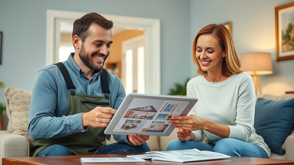friendly NJ contractor with homeowner, showing home improvement plans on a digital tablet