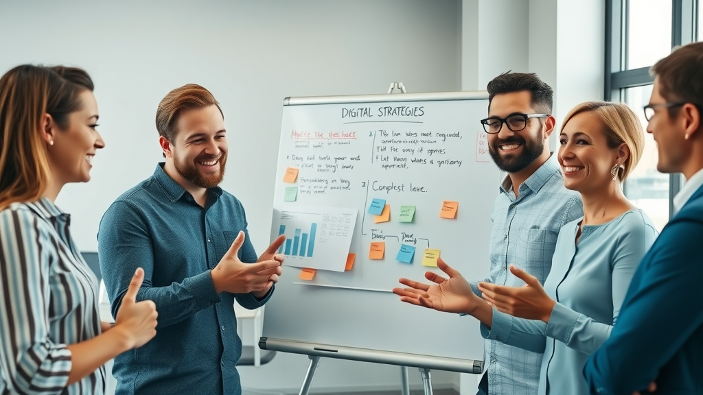 Digital marketing for therapists: team brainstorming digital marketing strategies with whiteboard in modern therapy office