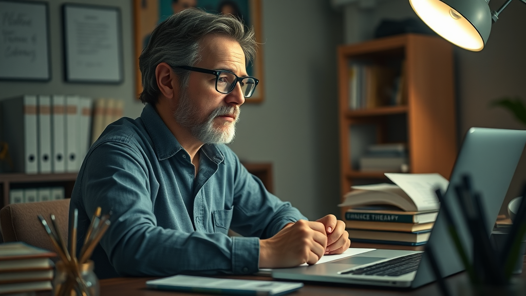 thoughtful therapist writing brand statements, establishing therapist brand and private practice
