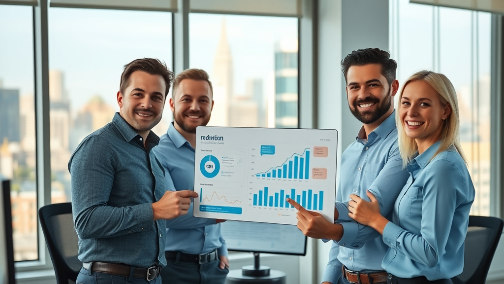 successful home service business team in New Jersey reviewing positive ROI growth charts, digital marketing agency