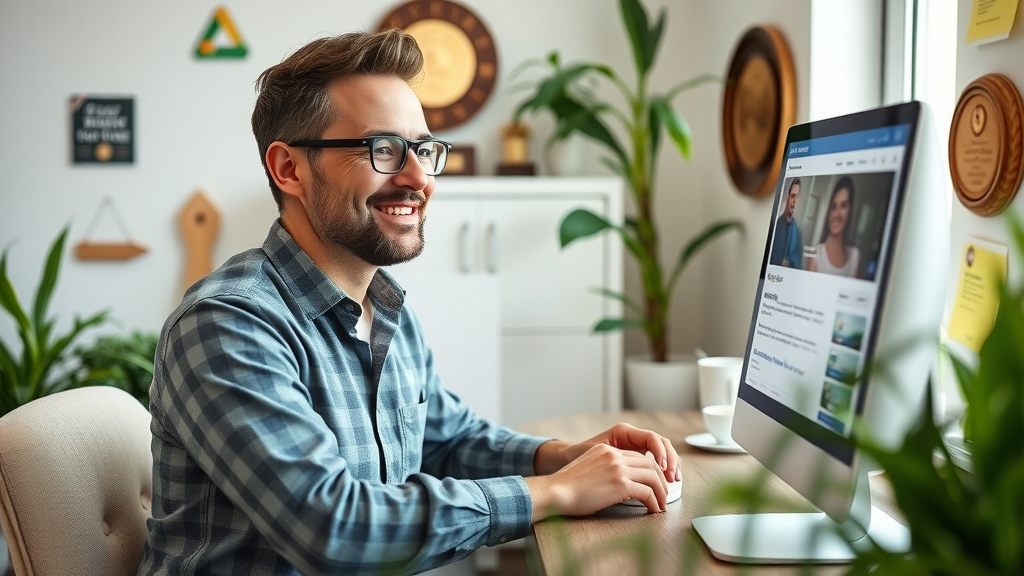 small business owner in NJ updating free Google Business Profile for home services, SEO, natural morning light