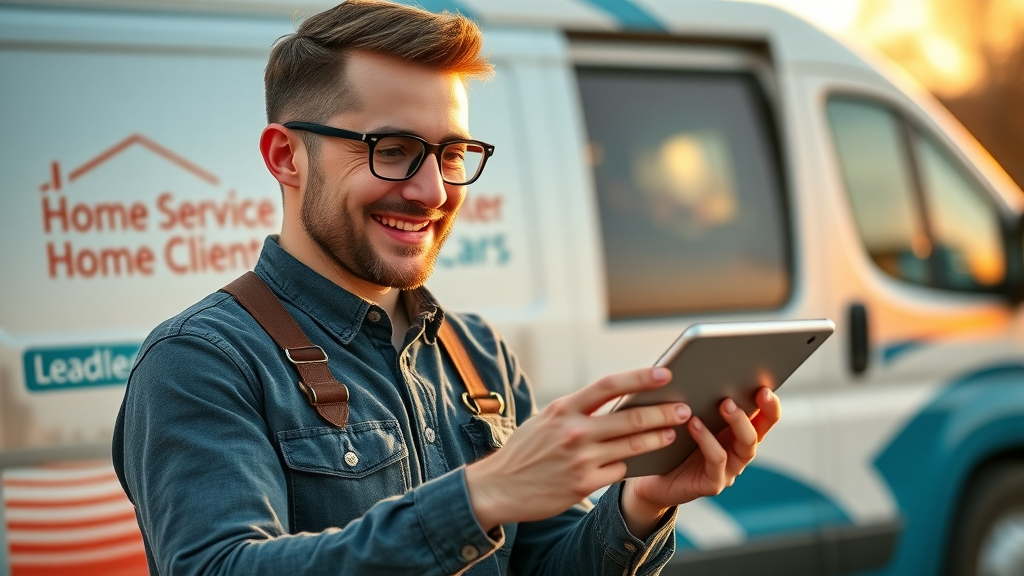 happy home service business owner in NJ using tablet to track new leads from online advertising, cheerful, home service, animated notifications