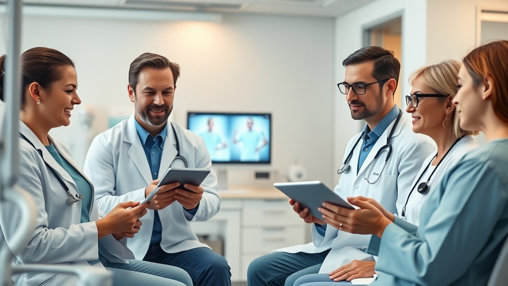 collaborative hybrid healthcare team, approachable doctors and therapists, conducting simultaneous in-person and virtual consultation, bright modern clinic
