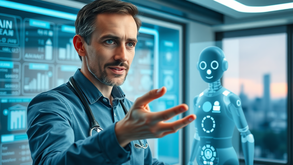 AI and chatbots in therapy marketing: therapist engaging with a friendly AI chatbot interface in high-tech therapy office