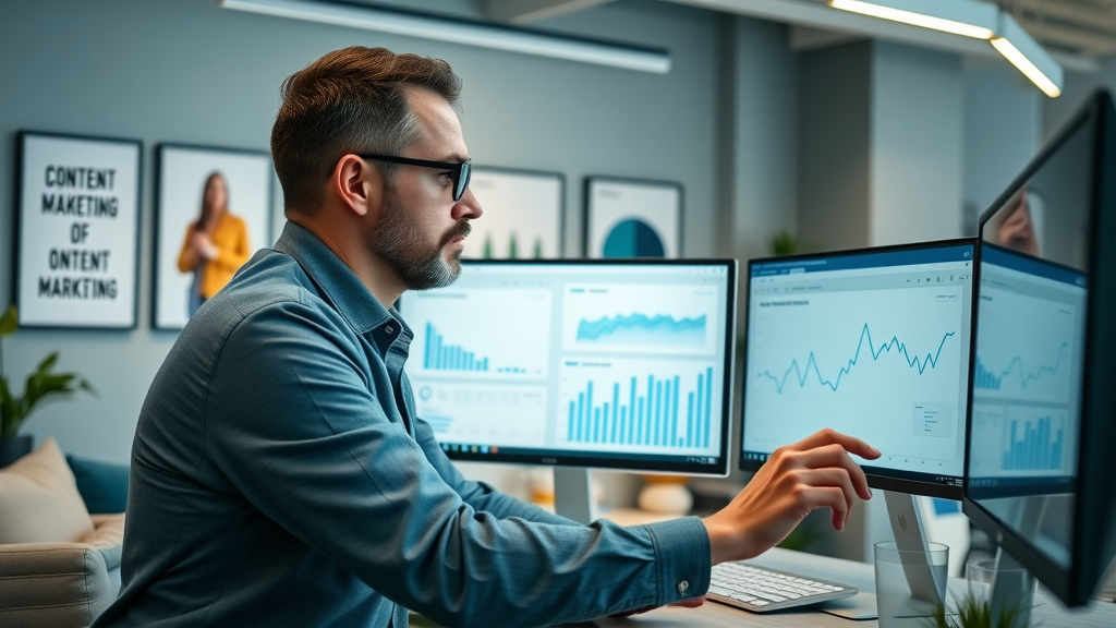 health professional analyzing digital marketing metrics dashboard, measuring success, content marketing for health services
