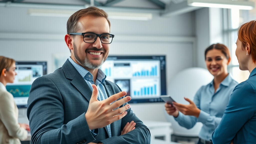 professional home service provider in New Jersey presenting online advertising strategies to a small business team, digital marketing, modern office with digital screens