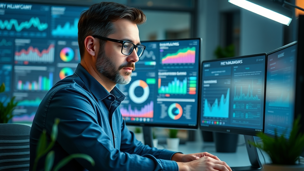 Marketing manager analyzing digital marketing metrics, data-driven marketing, business growth, ROI