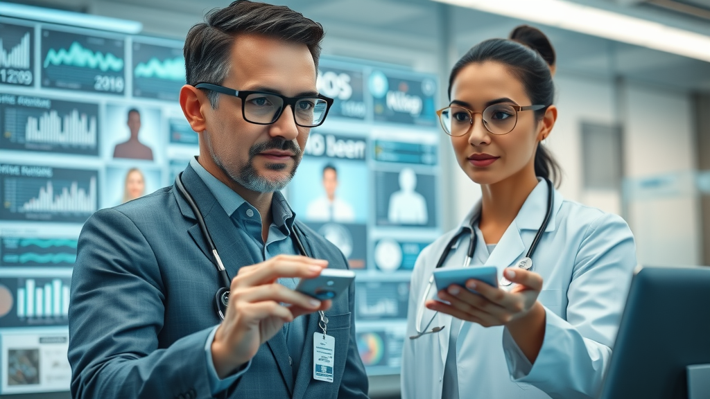 futuristic healthcare marketing strategy, confident professionals, analyzing data on advanced digital screens, modern healthcare office with virtual patient consultations